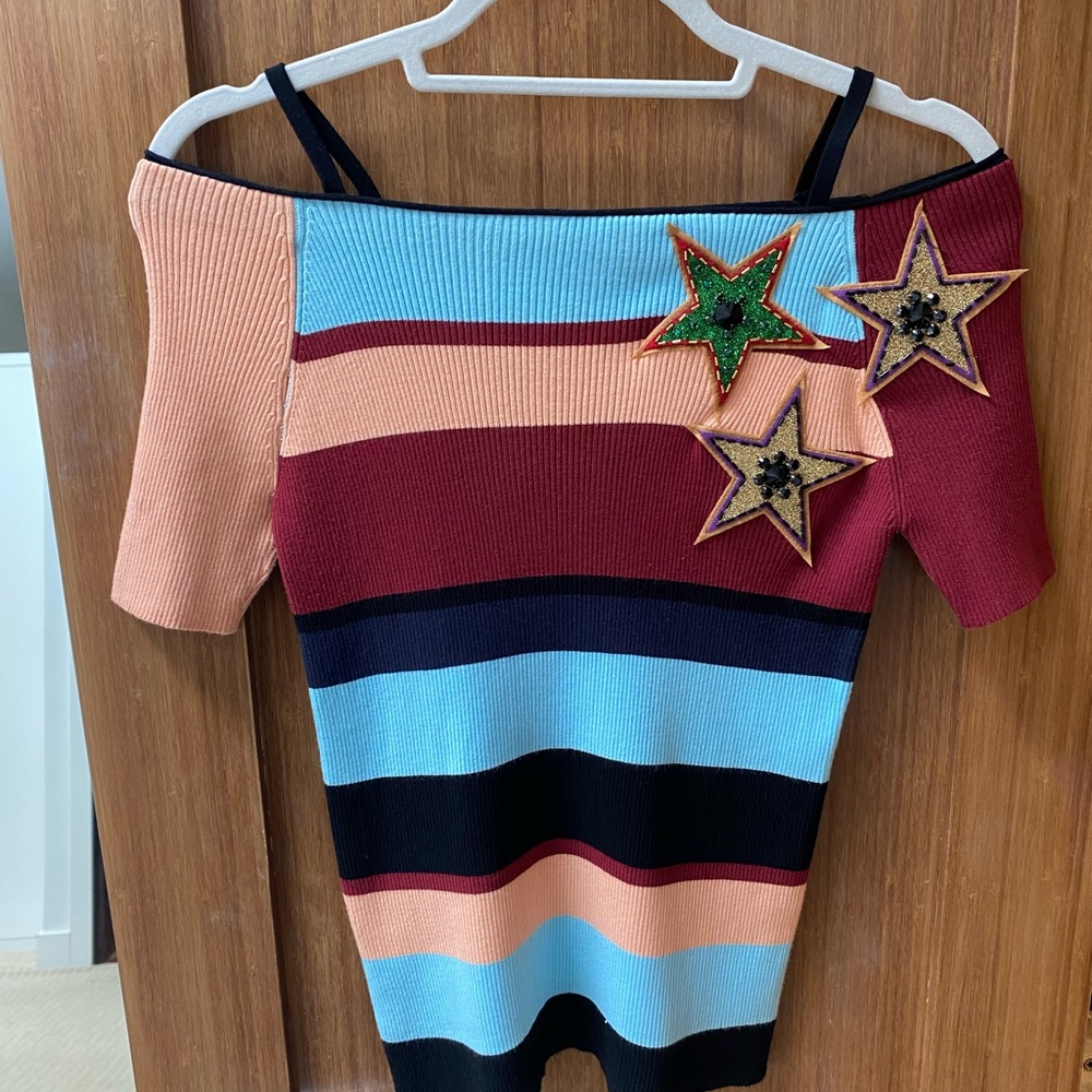 Isola Marras beaded knit striped top with star appliqués.